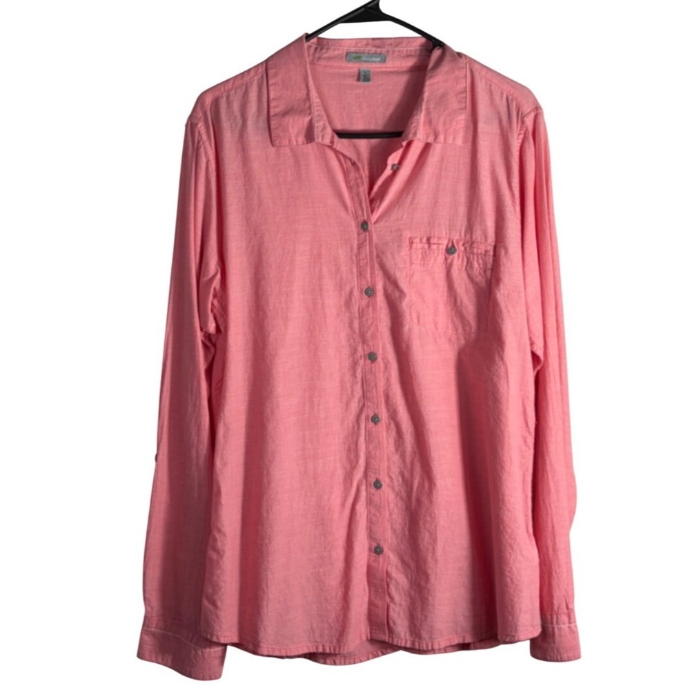 Horny Toad Roxann Organic Cotton‎ Button Down Shirt Coral Pink Womens L Travel